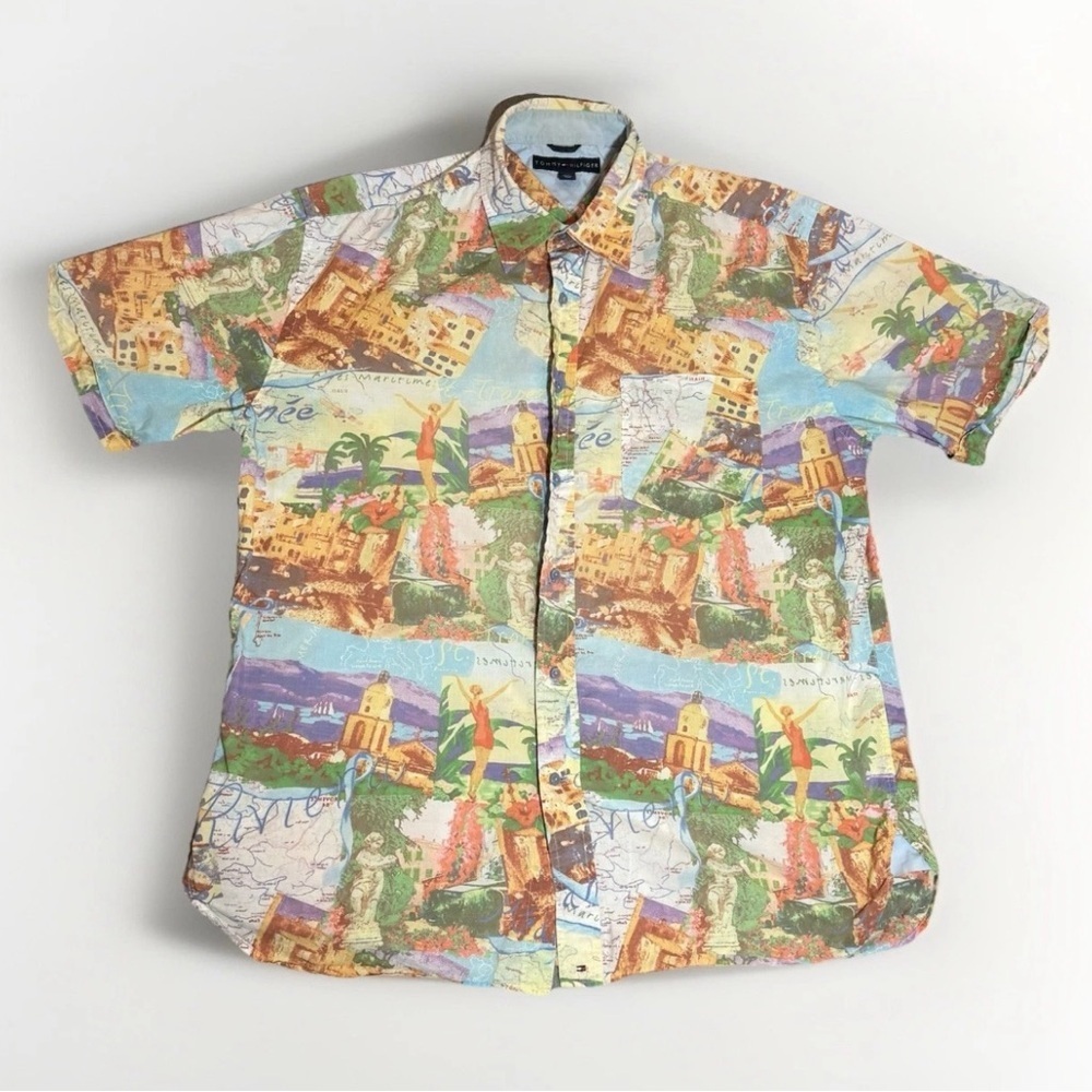 Tommy Hilfiger Shirt Mens L Button Up European Maritimes All Over Print Preppy